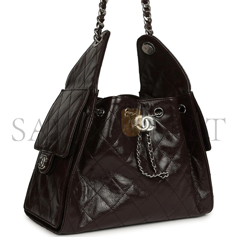 CHANEL MASTER SMALL 25 HOBO BAG DARK BROWN SHINY AGED CALFSKIN SILVER HARDWARE AS5293  (30*26*14cm)